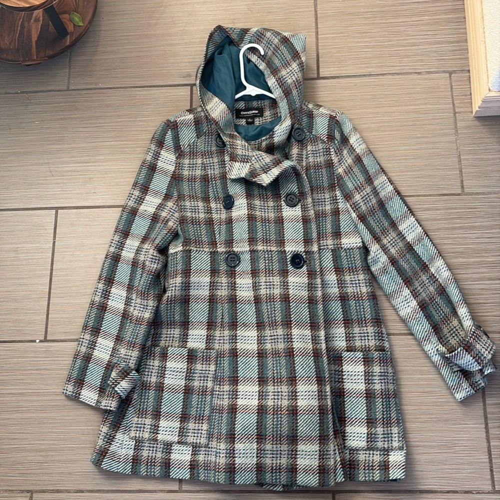 Coffee shop plaid wool coat with hoodie